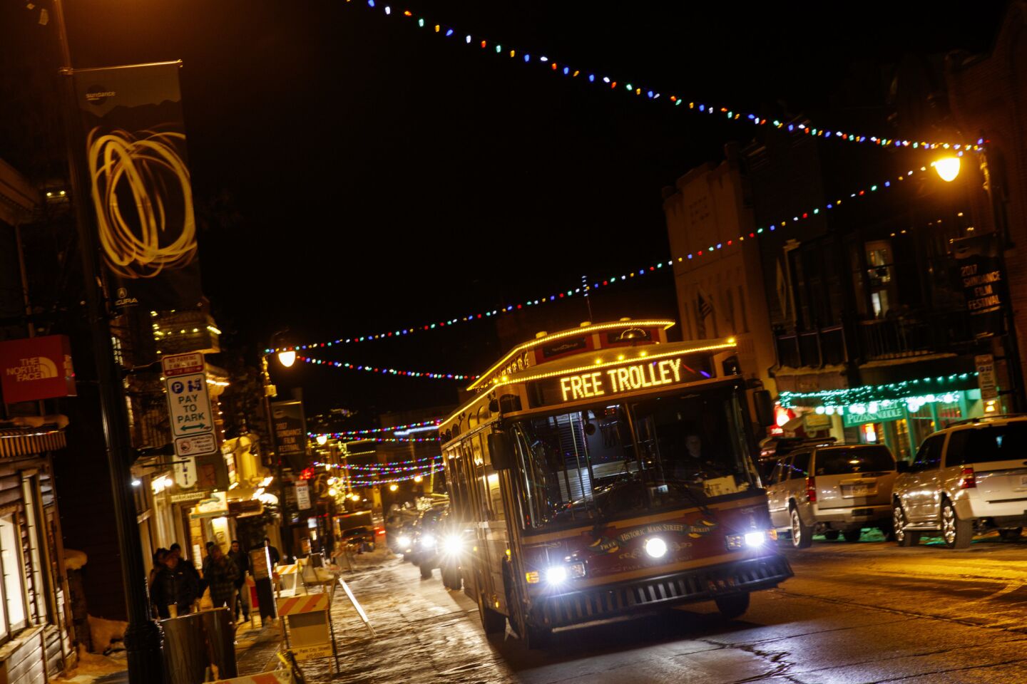 A trolley rolls up Main Street in Park City, Utah, as the Sundance Film Festival approached.