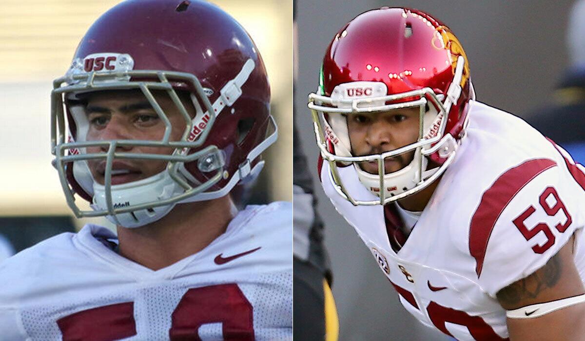 Former USC linebackers Osa Masina, left, and Don Hill.