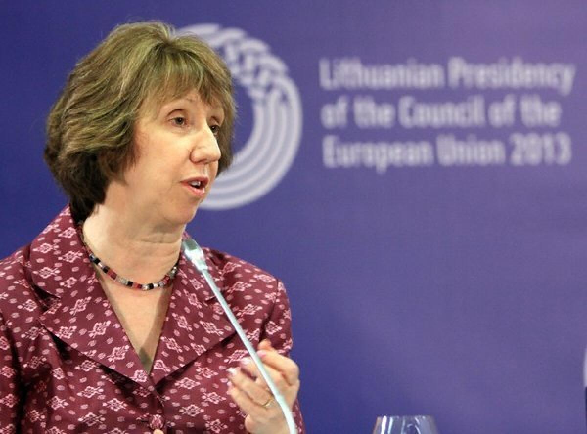 The European Union's foreign policy chief, Catherine Ashton, welcomed a Russian-backed proposal to put Syria's stockpile of chemical weapons under international control.
