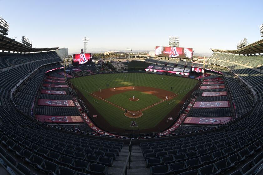 An overall view of Angel's Stadium of Anaheim during the third inning of a baseball game.