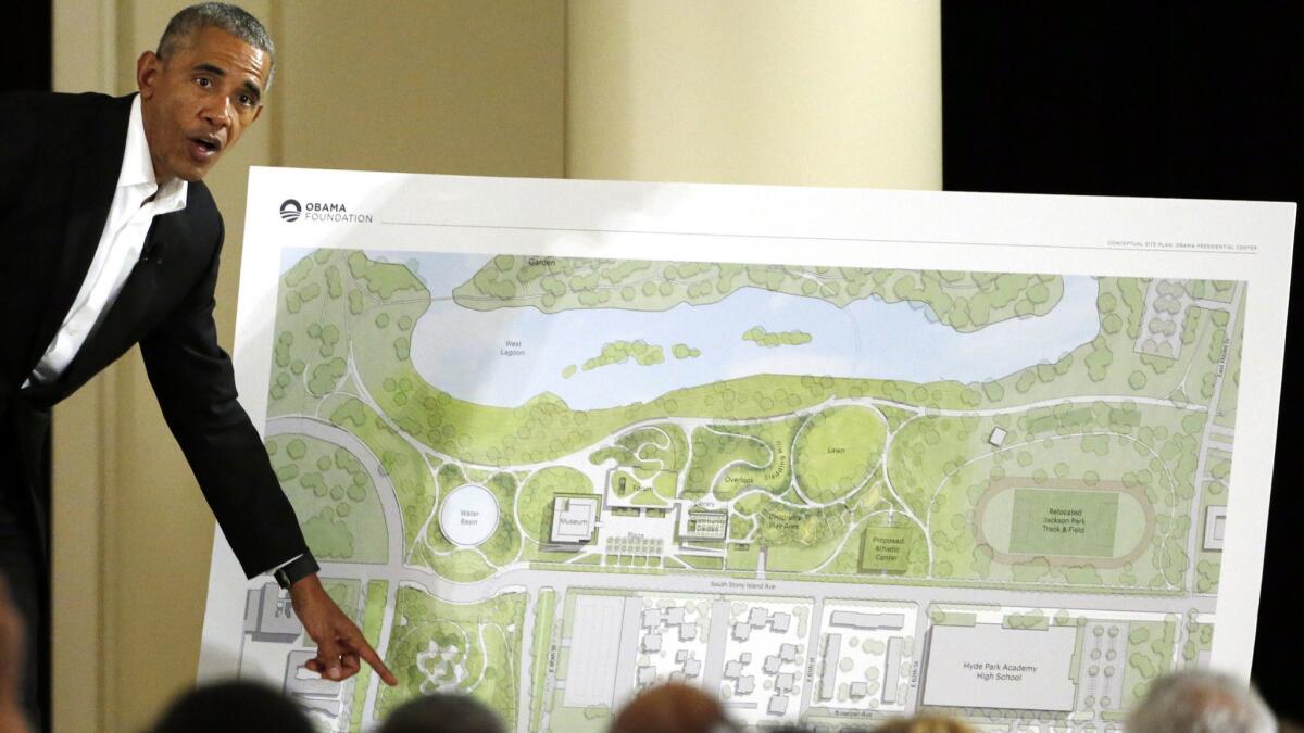Former President Obama speaks at a 2017 community event in Chicago about his proposed presidential center.