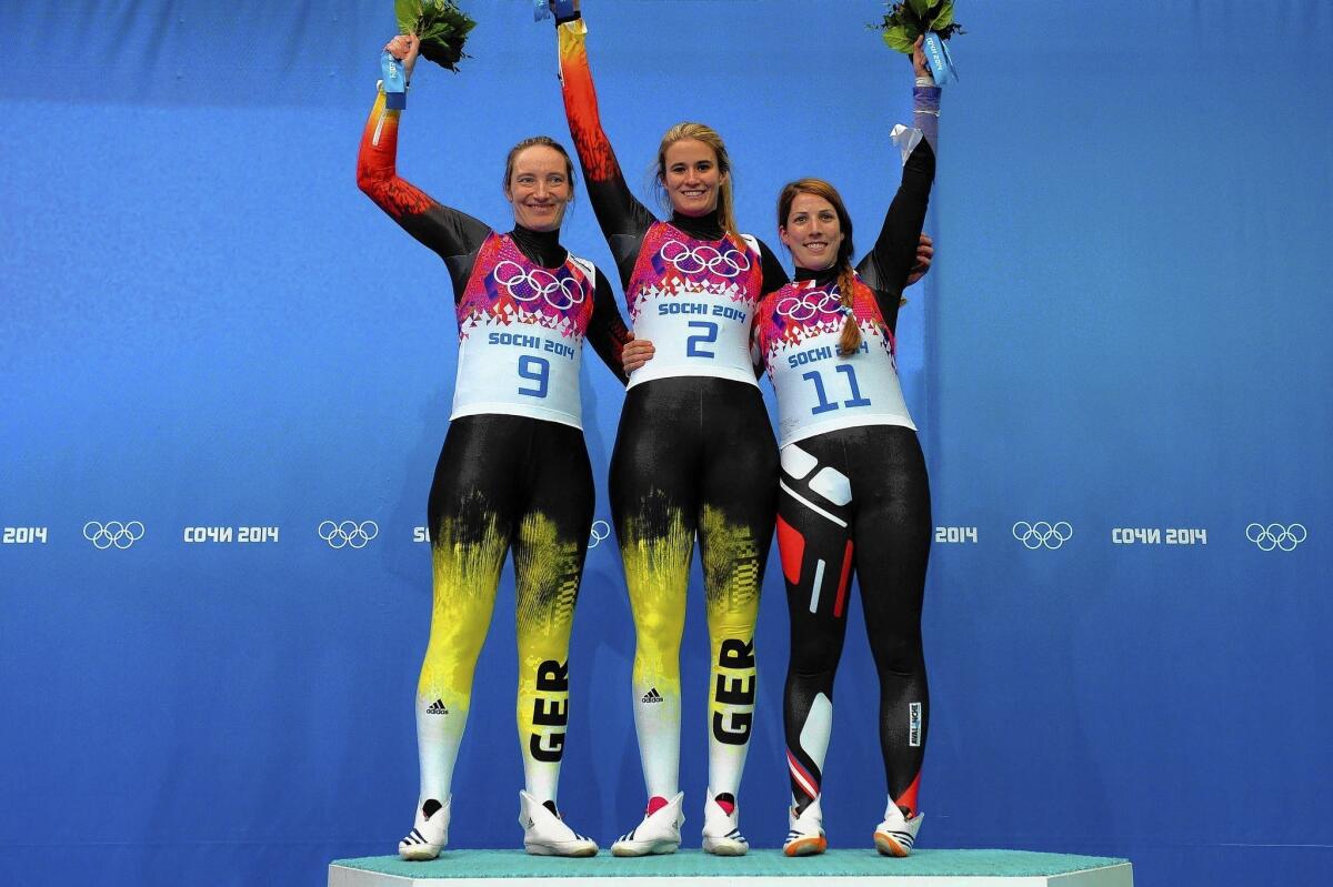 Members of Germany's team that won the gold medal in the Women's Luge Singles event.