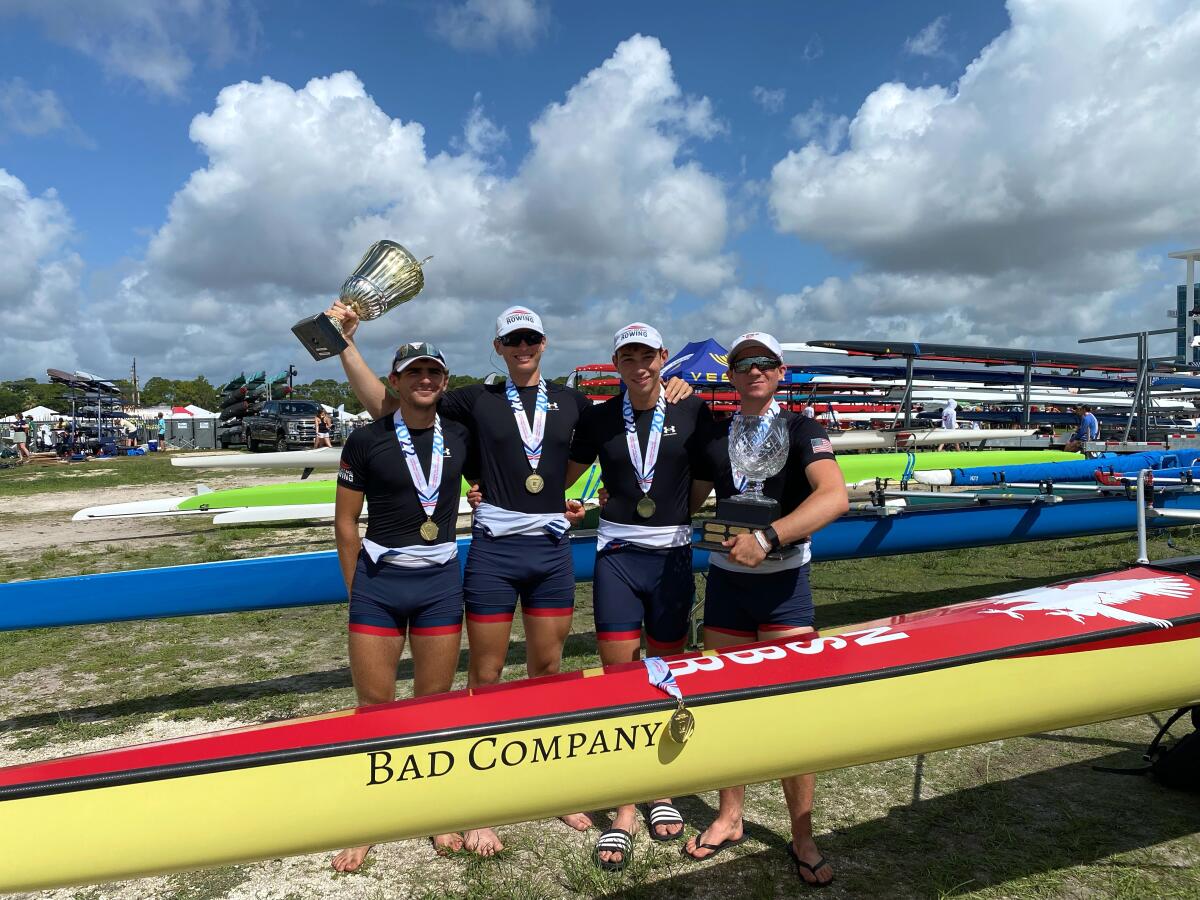 Sean Rybus, Ryan Martin, Aiden Domingo and Clay Rybus celebrate after winning the Youth 4x national championship in Florida.