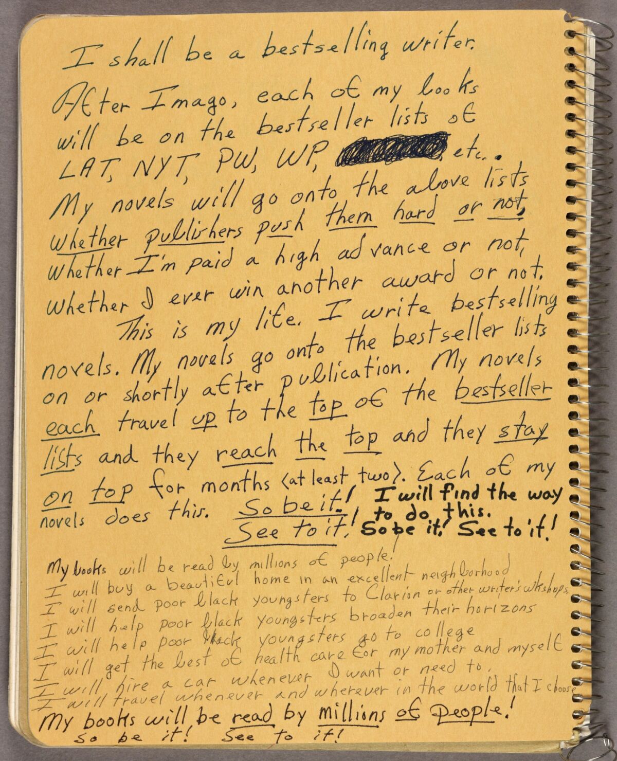 Handwritten notes on the inside cover of one of Octavia E. Butler's commonplace books, 1988.