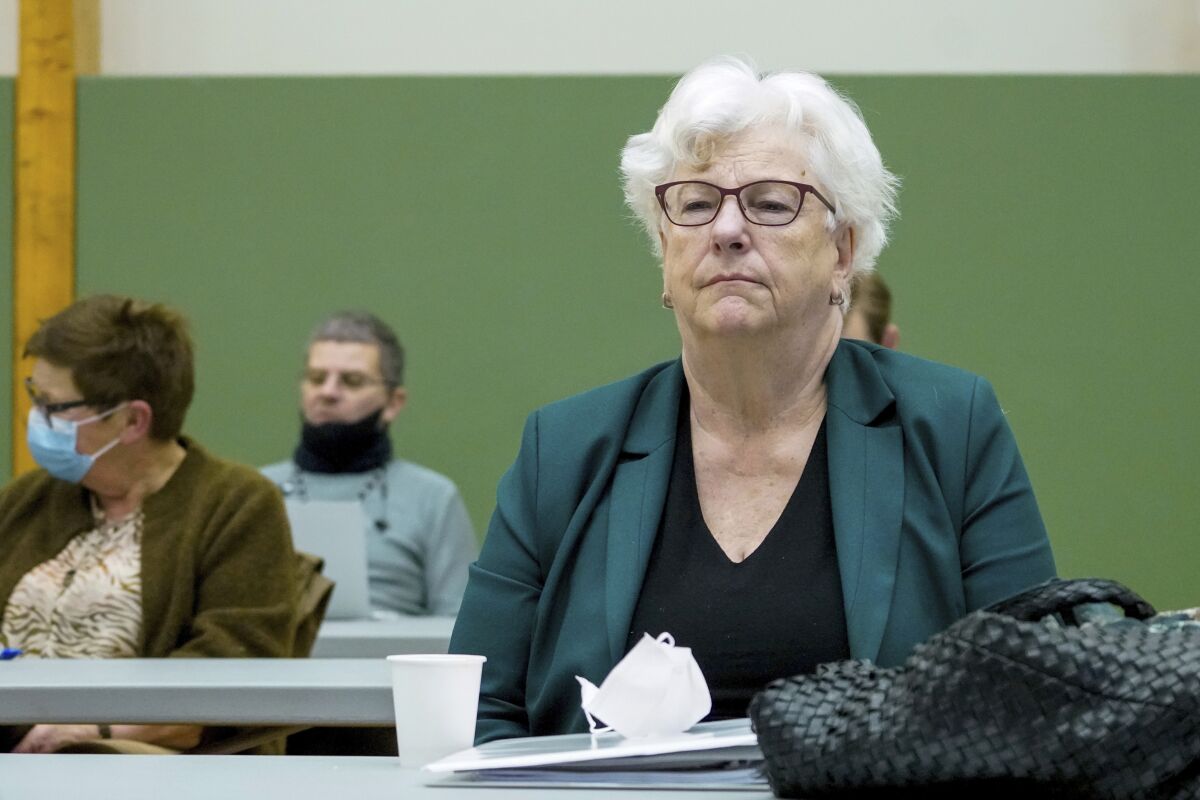 Psychiatrist Randi Rosenqvist sits in court on the second day of Norwegian mass killer Anders Behring Breivik's hearing where he is requesting release on parole, in Skien, Norway, Wednesday, Jan. 19, 2022. Breivik, the far-right fanatic who killed 77 people in bomb-and-gun massacres in 2011, argued Tuesday for an early release from prison, telling a parole judge he had renounced violence even as he professed white supremacist views and flashed Nazi salutes. (Ole Berg-Rusten/NTB scanpix via AP)