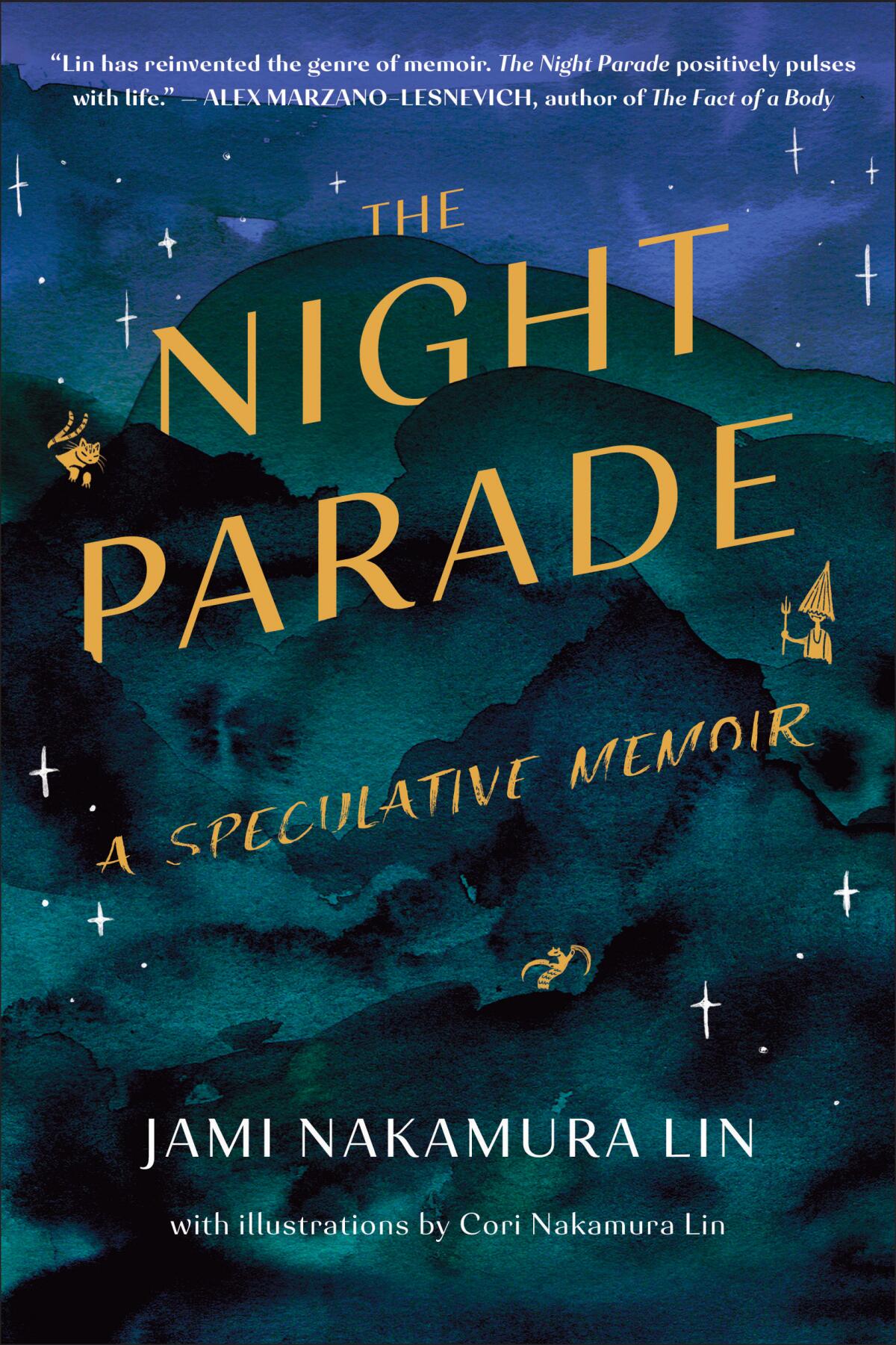 The cover of the book "The Night Parade," by Jami Nakamura Lin, with green mountains under a blue night sky