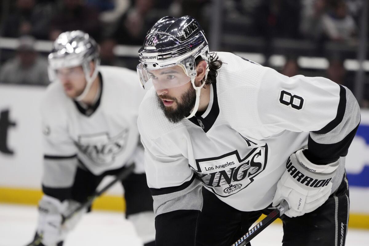 Kings defenseman Drew Doughty readies for a face off against the Winnipeg Jets on March 25.