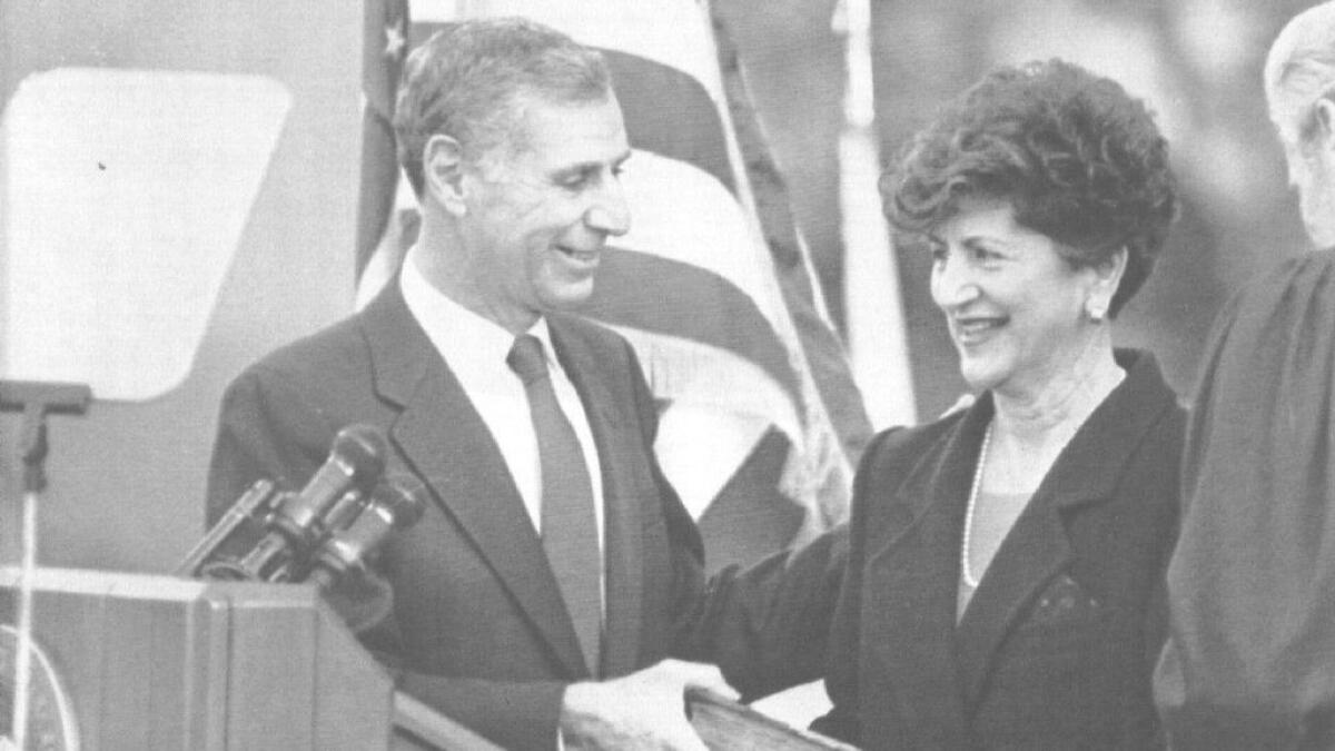 Gov. George Deukmajian and his wife, Gloria, at his January 1987 inaugural ceremony. He took the oath of office on a 486-year-old French Bible.