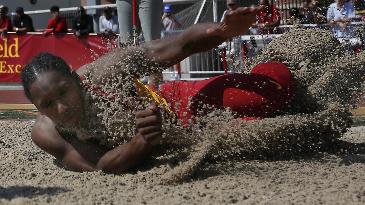 USC cornerback/wide receiver Adoree' Jackson competes in the long jump during a dual track meet against UCLA.