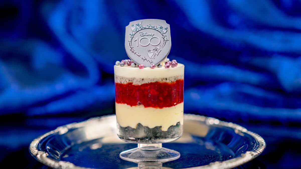 A platinum trifle, with layers of cookie, cheesecake, berries and chantilly cream, at Disneyland Resort.