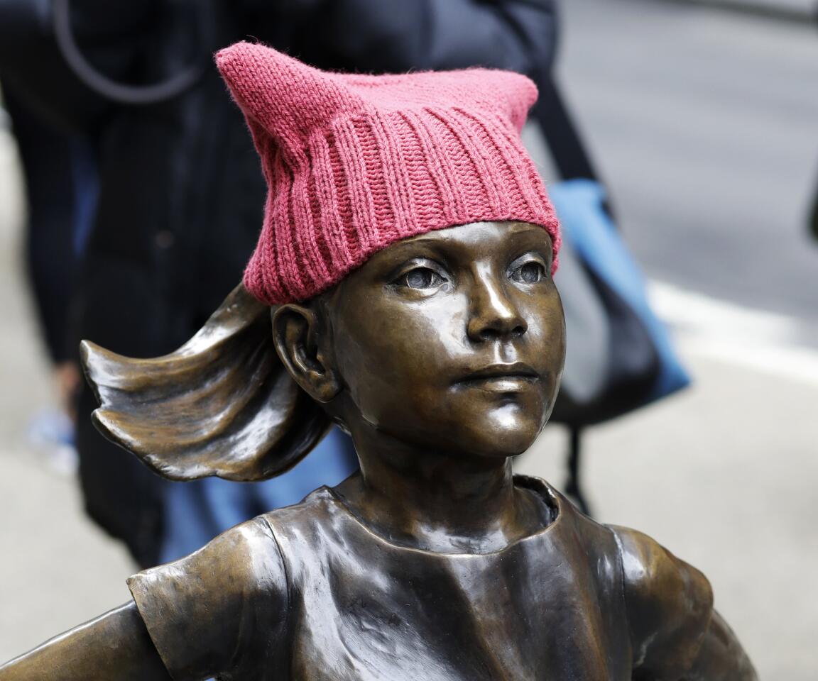 Pink hat on The Fearless Girl