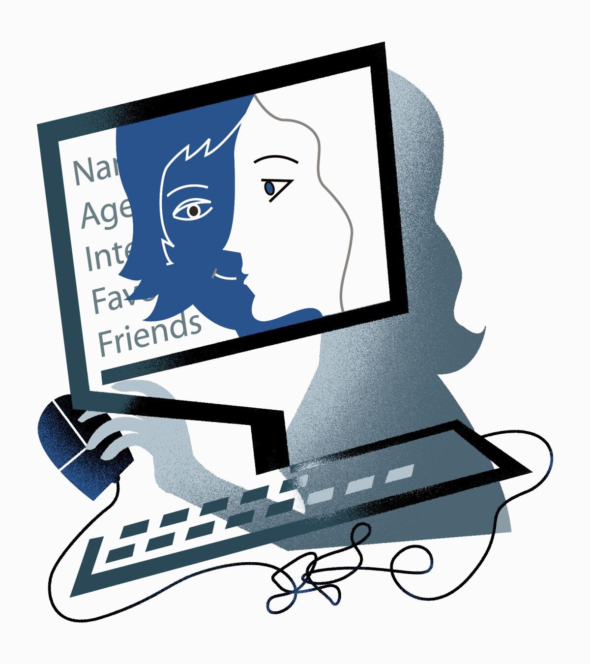 Illustration shows the outline of two faces on a computer. 