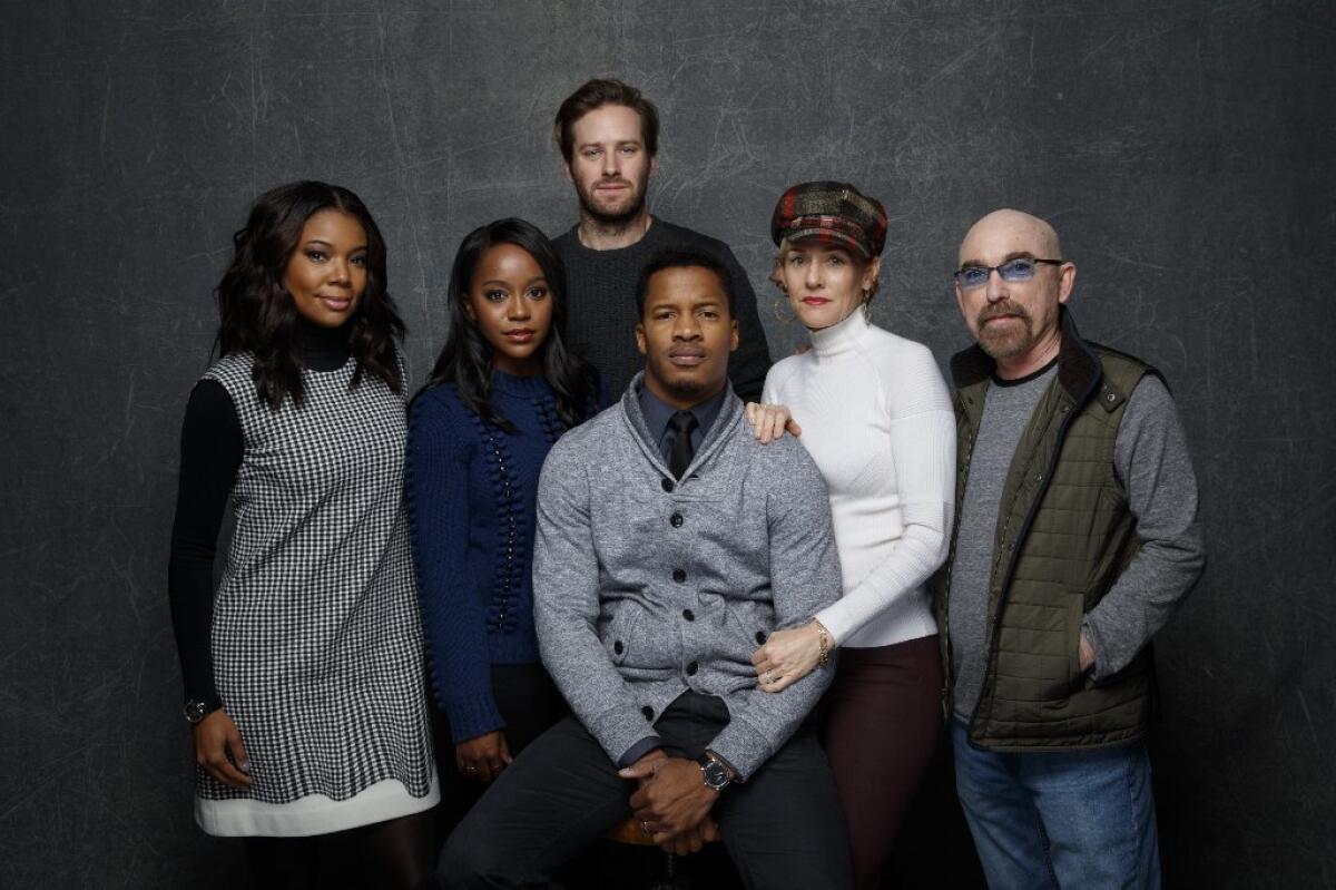 PARK CITY, UTAH -- MONDAY, JANUARY 25, 2016: Gabrielle Union, from left, Aja Naomi King, Armie Hammer, Nate Parker, director, Penelope Ann Miller and Jackie Earle Haley, from the film, "The Birth of A Nation, " in the L.A. Times photo & video studio at the Sundance Film Festival.
