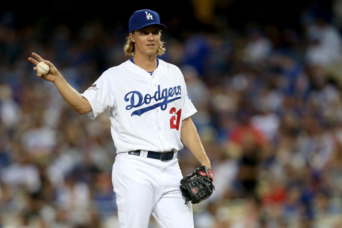 Zack Greinke reacts during the in the second inning of a game against the New York Mets on Oct. 10.