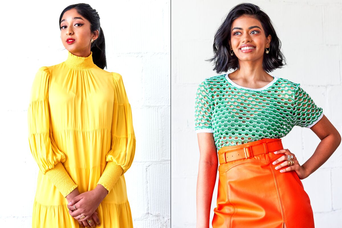 Photos of a woman on the left wearing a yellow dress and a woman on the right wearing an orange skirt and green top
