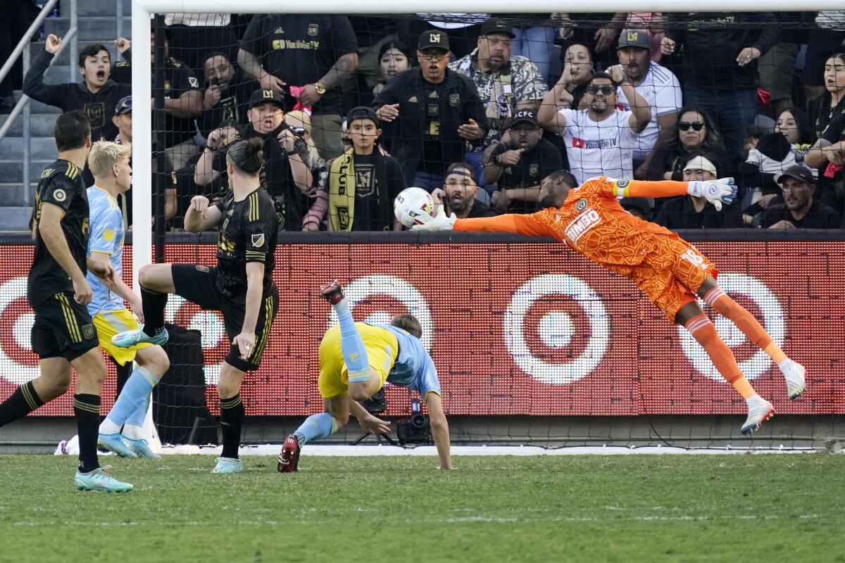 Gareth Bale, third from left, scores the tying goal for LAFC against the Philadelphia Union on Nov. 5, 2022.