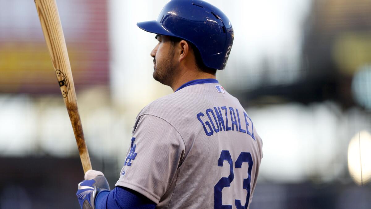 Dodgers first baseman Adrian Gonzalez waits to bat against the Rockies in the first inning Friday.