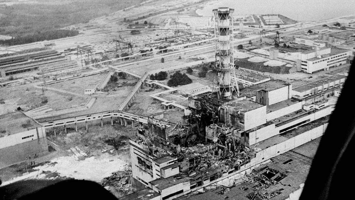 This is an aerial photo of the Chernobyl nuclear power plant taken two or three days after the 1986 explosion that spread clouds of radioactive dust across the western part of the Soviet Union and Europe.
