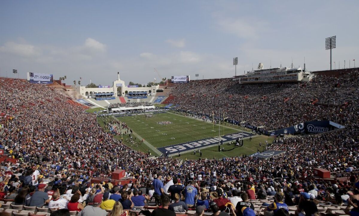 The Coliseum is filled for a game between the Rams and the Washington Redskins at the Coliseum on Sept. 17.