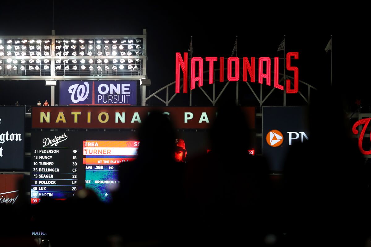 Fans watching Game 3 of the NLDS between the Dodgers and Nationals on Oct. 6 at Nationals Park.