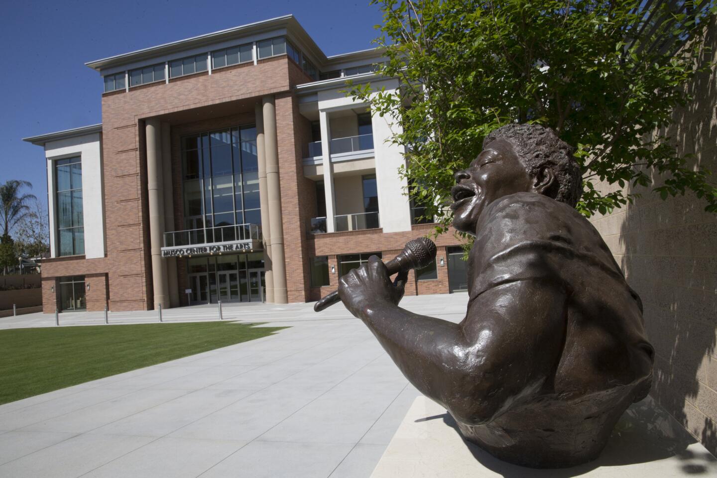 The Marybelle and Sebastian P. Musco Center for the Arts at Chapman University will serve primarily as a performing venue for the school's students, though it also will host visiting performers and ensembles. A bust of Ella Fitzgerald stands in the courtyard. A bust of Ella Fitzgerald sits outside the front of the Musco Center for the Arts at Chapman University in Orange, Calif.