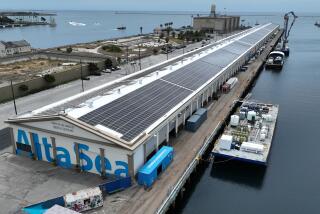 San Pedro, CA - May 21: An aerial view of research barges and an 4-acre array of solar panels on the roof of the long stretch of warehouses at AltaSea, an ocean research and business center at the Port of Los Angeles in San Pedro Tuesday, May 21, 2024. The $20-million first phase of ocean research and business center AltaSea is set to open officially May 29. The development on the San Pedro waterfront is intended to become the nation's largest ocean tech hub and a leader in creating clean-energy "blue economy" businesses. AltaSea's Center for Innovation in Berth 58 - part of AltaSea's $30 million renovation of three historic warehouses - is nearing completion and will be home to researchers from USC, UCLA, and Caltech, as well as famed oceanographer and explorer Dr. Bob Ballard. AltaSea will be the only oceanfront business center in Southern California serving entrepreneurs working on environmentally sustainable technology using the sea. (Allen J. Schaben / Los Angeles Times)