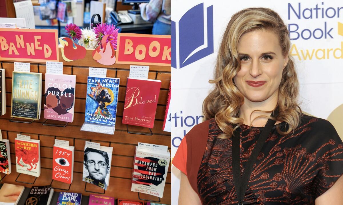 Two photos: A display of books with a handmade sign that says "Banned Books" and a photo of a smiling blond woman.