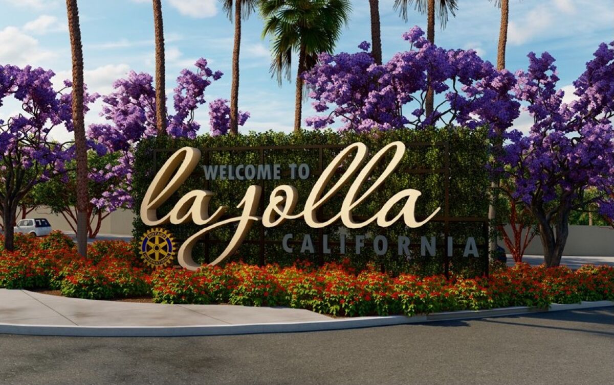 This proposal for a "Welcome to La Jolla" sign would be at the triangular median at La Jolla Shores Drive and Torrey Pines.