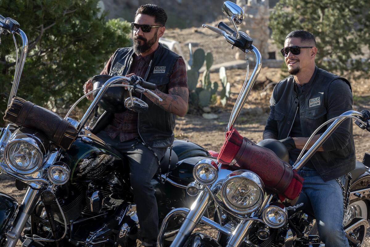 Clayton Cardenas, left, and JD Pardo on motorcycles in "Mayans M.C." on FX.