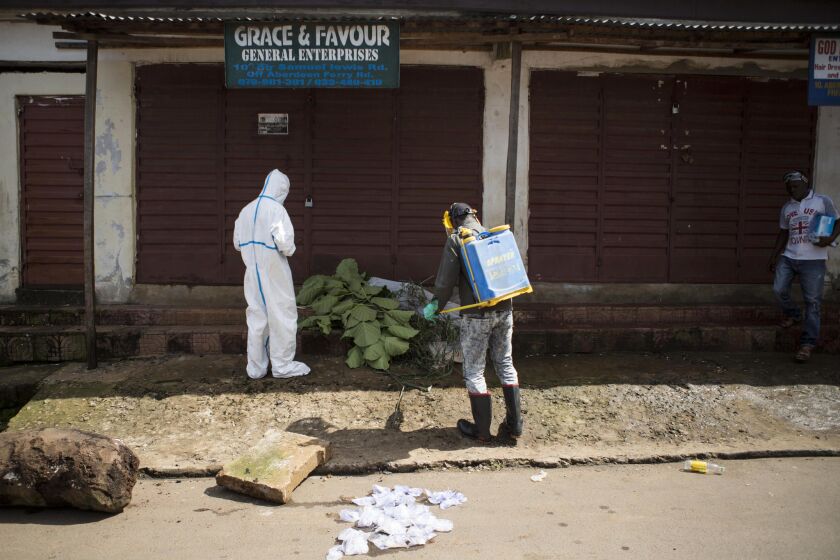 Healthcare workers in Sierra Leone collect samples on Oct. 8 from a person believed to have died of Ebola. The body is covered in leaves.