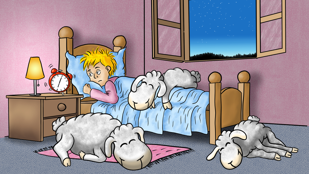 Illustration of sheep sleeping on the bed of man woken up by alarm clock in the morning.