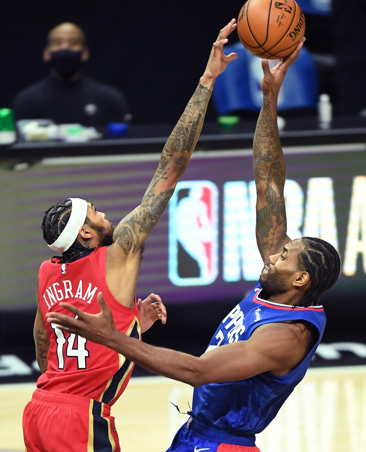 Clippers Kawhi Leonard has his shot blocked by New Orleans Pelicans Brandon Ingram