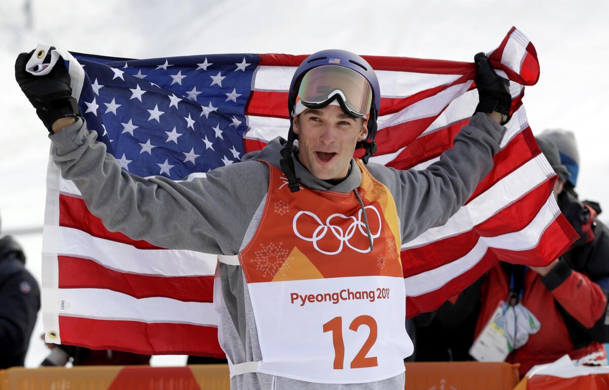 Silver medal winner Nick Goepper celebrates Feb. 18 after the men's slopestyle final at the 2018 Winter Olympics in Pyeongchang.