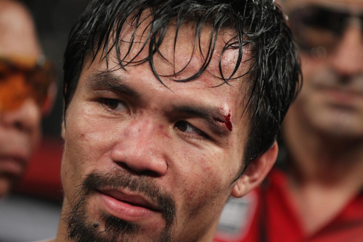Manny Pacquiao is shown in the ring following his victory over Timothy Bradley in their WBO welterweight title fight in April in Las Vegas.