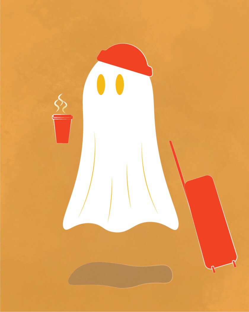 An illustration of a cartoon ghost traveling with luggage and coffee.