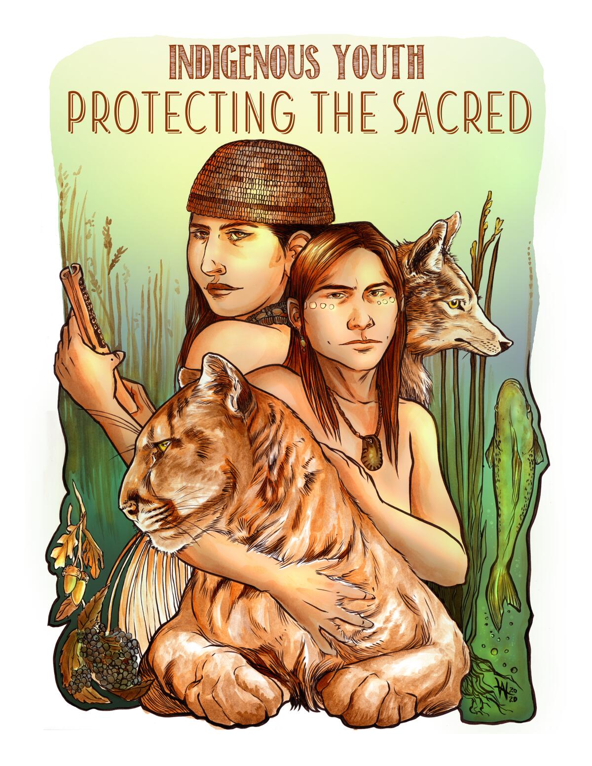 A color vertical drawing of two Tongva youth with a mountain lion, a wolf and a fish.