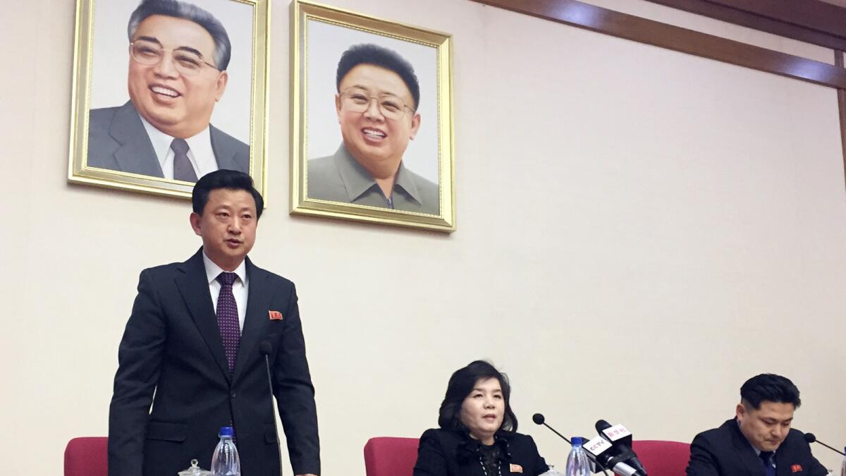 North Korean Vice Foreign Minister Choe Son Hui, center, with diplomats in Pyongyang on Friday.