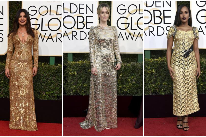Among the actresses putting the "golden" in Golden Globes: from left, Priyanka Chopra in Ralph Lauren Collection, Sarah Paulson in Marc Jacobs and Kerry Washington in Dolce & Gabbana Alta Moda.