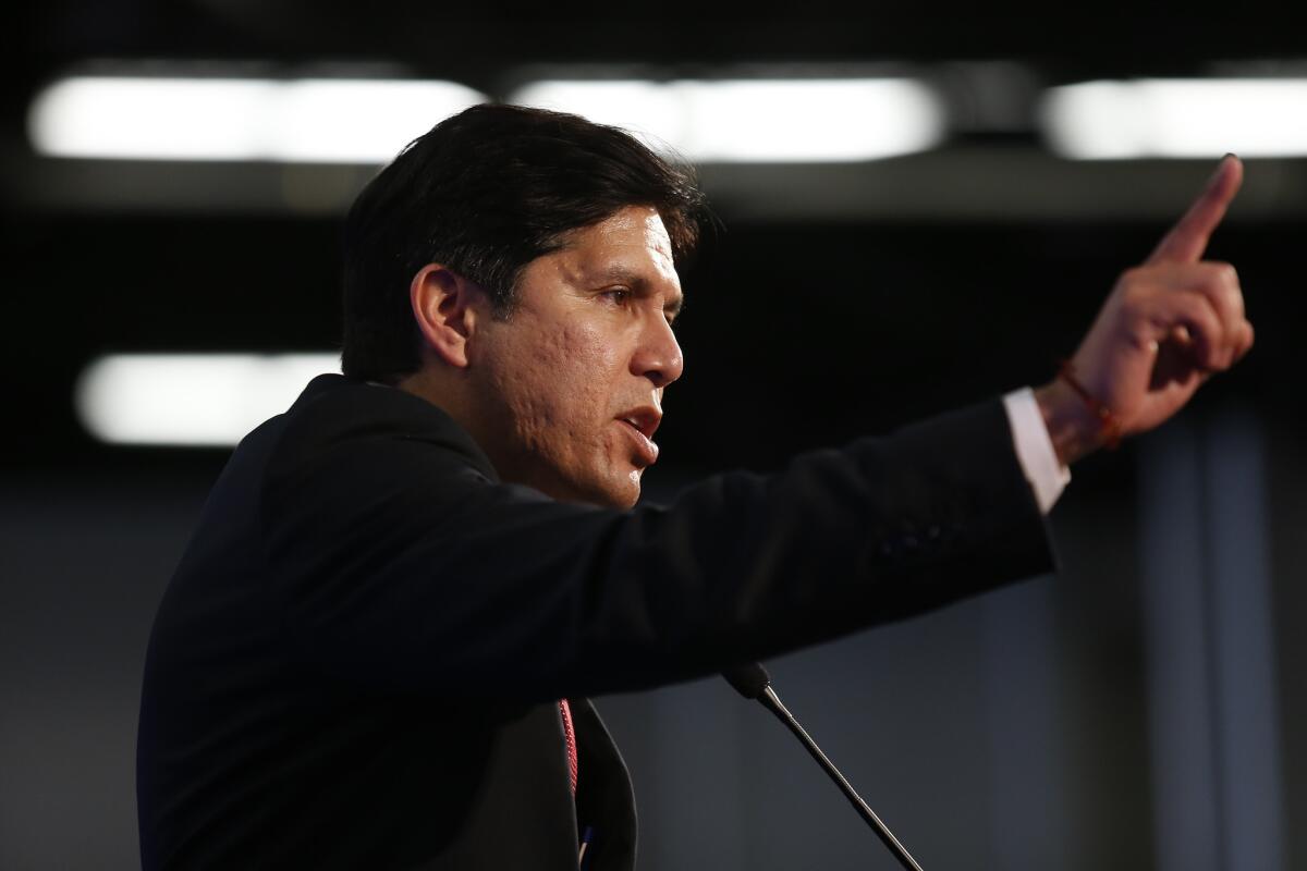 California Senate leader Kevin De Leon speaks during the state Democratic Party convention in Anaheim earlier this month. De Leon said he was "deeply concerned" by the U.S. Supreme Court's decision to hear a case that could upend the way voting districts are drawn.