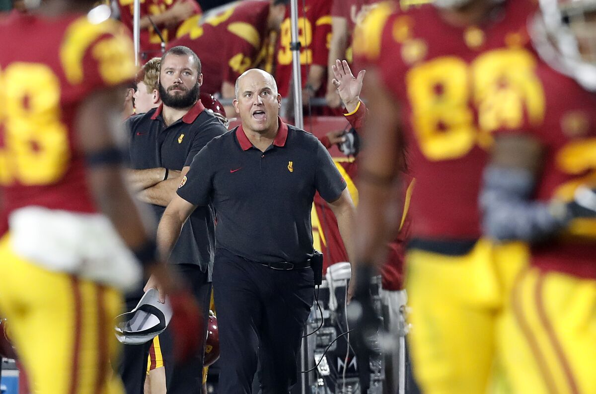 USC coach Clay Helton reacts after a personal foul call against the Trojans during the second quarter Saturday.