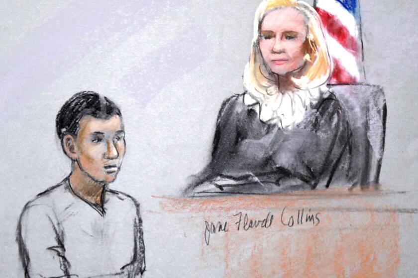 This courtroom sketch by artist Jane Flavell Collins shows defendant Azamat Tazhayakov appearing in front of Federal Magistrate Marianne Bowler at the Moakley Federal Courthouse in Boston in 2013.