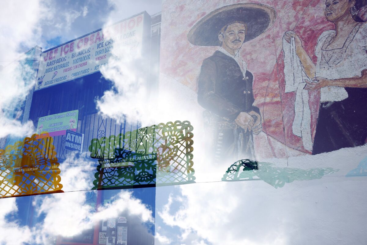 J & F Ice Cream Shop and flags that decorate Mariachi Plaza de Los Angeles in Boyle Heights is seen in a double exposure.