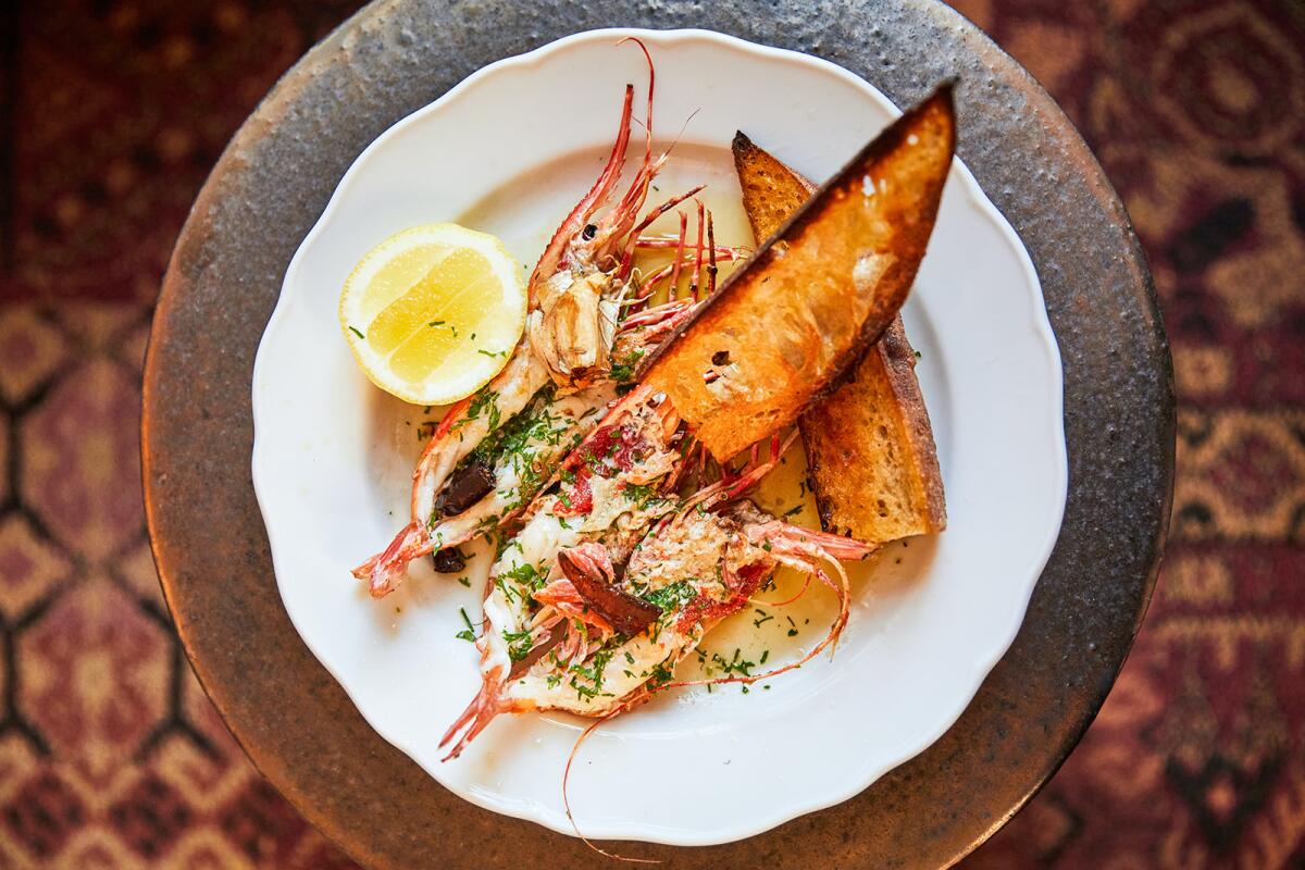 Spot prawns al Ajillo, one of the dishes on the menu at Callie restaurant in East Village, which opens June 4, 2021.