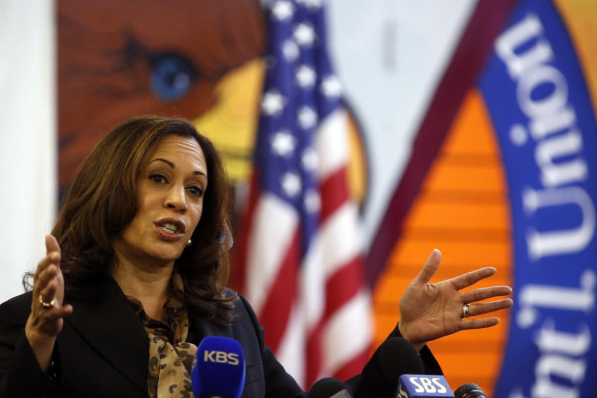 State Atty. Gen. Kamala Harris addresses union members at the UFCW Local 770 headquarters in Los Angeles in May during her campaign for U.S. Senate.