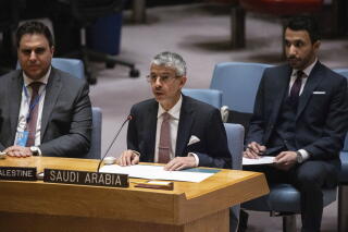 Abdulaziz bin Mohammed Al-Wasil, permanent representative of Saudi Arabia to the United Nations, speaks at U.N. headquarters