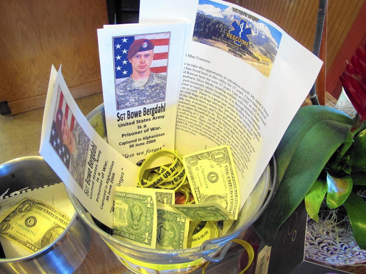 A donation bucket for the family of Army Sgt. Bowe Bergdahl sits on the counter at a coffee shop in their hometown of Hailey, Idaho, on June 5. The soldier was released in a prisoner swap with the Taliban.