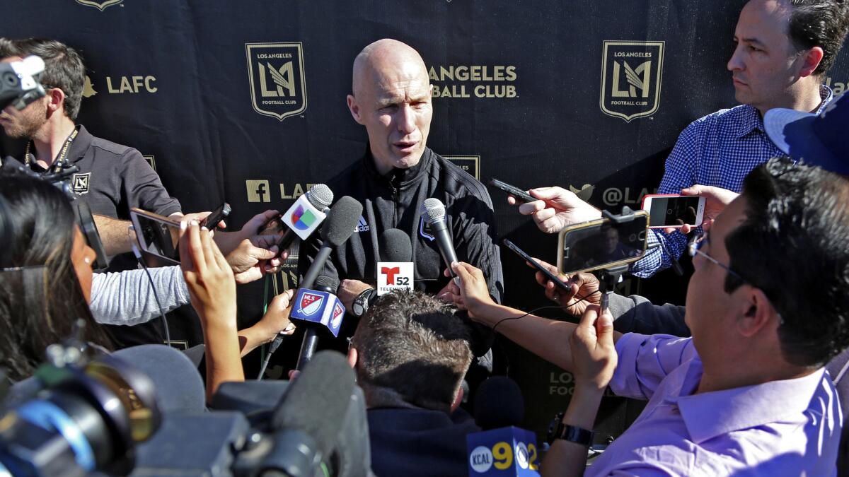 LAFC coach Bob Bradley addresses reporters in January when the team was preparing to open camp for the upcoming season.