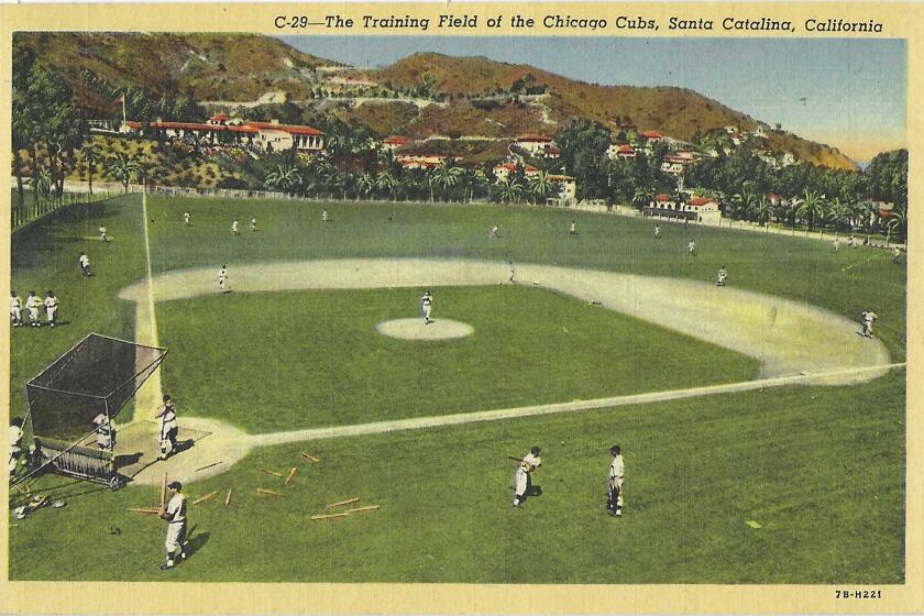 Vintage postcard shows players on a baseball diamond nestled amid Catalina Island hills.