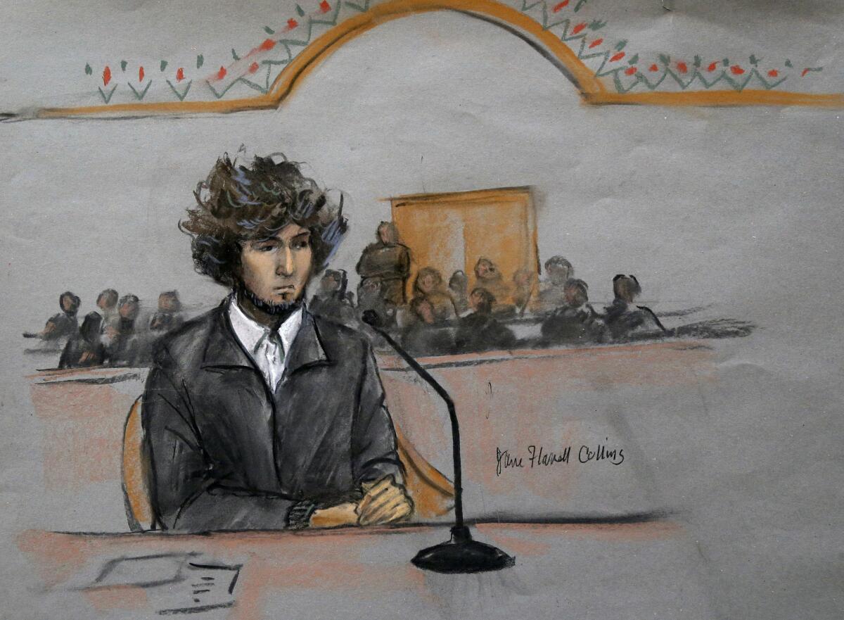 Boston Marathon bombing suspect Dzhokhar Tsarnaev is depicted in federal court in Boston on Thursday.