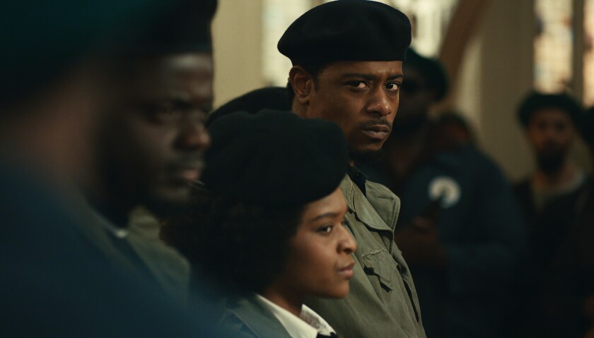 This image released by Warner Bros. Pictures shows, from left, Daniel Kaluuya, Dominique Thorne and Lakeith Stanfield in a scene from “Judas and the Black Messiah.” (Warner Bros. Pictures via AP)